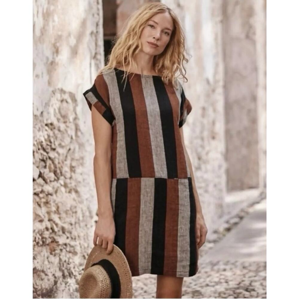 Garnet Hill Meraki Linen Brown Black Striped Mini Dress Small